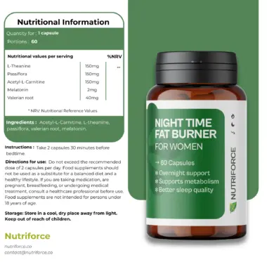nutrition facts for the night time fat burner from Nutriforce, best fat burner for forbes and vogue, with it's natural but powerful formula