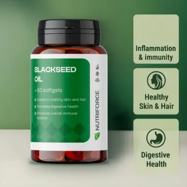 black seed oil capsules with text showing 100% black cumin