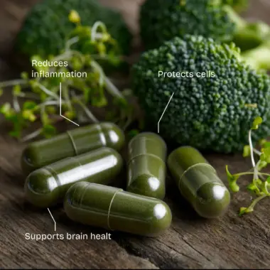 Infographic listing sulforaphane benefits: cellular protection and immune support.