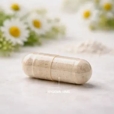 Macro shot of a single apigenin capsule showing the high-concentration extract powder.