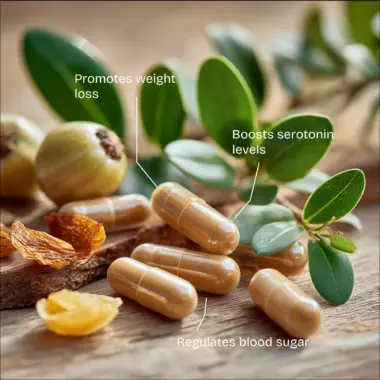 Infographic listing Garcinia benefits: natural appetite suppressant, fat metabolism, and energy.