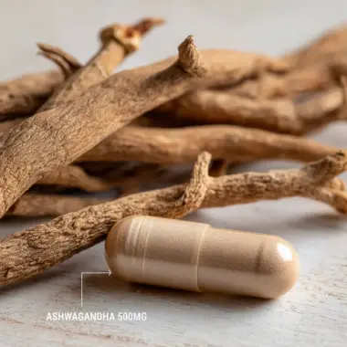 Macro shot of a single Ashwagandha capsule showing the concentrated root powder.