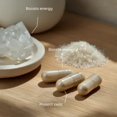 Infographic listing NAD+ benefits: mitochondrial health, cognitive support, and vitality.