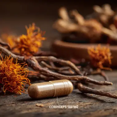 Macro shot of a single cordyceps capsule showing the concentrated mushroom powder.