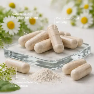 Infographic listing apigenin benefits: improved sleep quality, stress reduction, and antioxidant support.