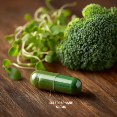 Macro shot of a single sulforaphane capsule showing powder texture and purity.