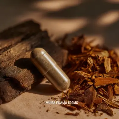 Macro shot of a single Muira Puama capsule showing the concentrated herbal powder.
