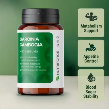 Front view of a Garcinia Cambogia dietary supplement bottle on a clean background.
