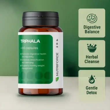 Front view of a Triphala supplement bottle on a clean background.