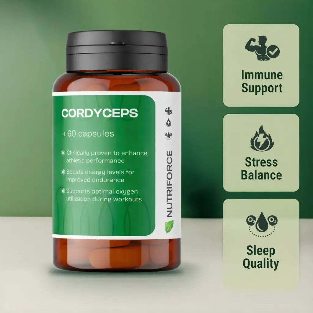 Front view of a Cordyceps extract supplement bottle on a clean background.