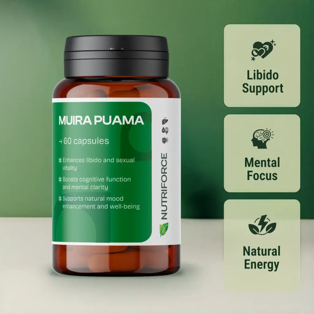 Front view of a Muira Puama dietary supplement bottle on a clean background.