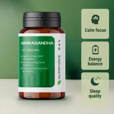 Front view of an Ashwagandha root extract supplement bottle on a clean background.