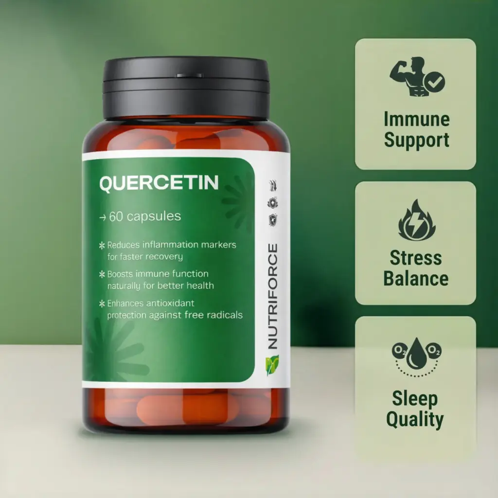 Front view of a Quercetin dietary supplement bottle on a clean background.