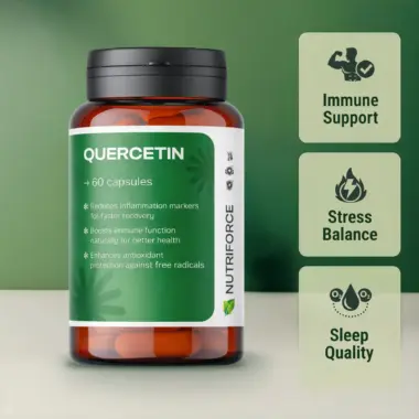 Front view of a Quercetin dietary supplement bottle on a clean background.