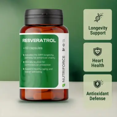 Front view of a Resveratrol dietary supplement bottle on a clean background.
