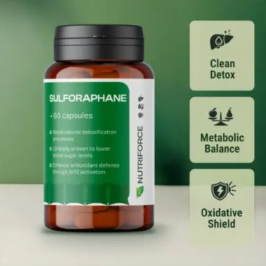 Front view of a Sulforaphane dietary supplement bottle on a clean background.