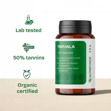 Laboratory seal of approval for 100% pure and organic Triphala fruit extract.