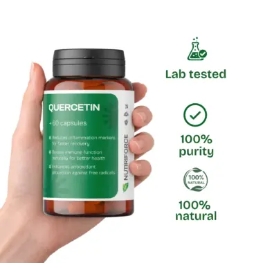 Laboratory seal of approval for 100% pure and high-potency Quercetin supplement.