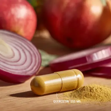 Macro shot of a single Quercetin capsule showing the fine yellow-toned powder.