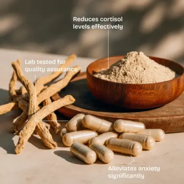 Infographic listing Ashwagandha benefits: stress resilience, better sleep, and thyroid support.