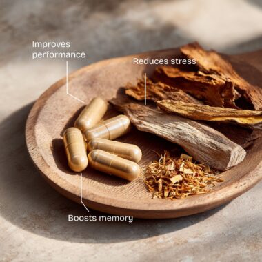 Infographic listing Muira Puama benefits: natural energy booster, stress resilience, and physical stamina.