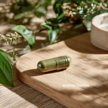 Close-up showing the precise Moringa dosage per capsule for optimal daily energy and focus.