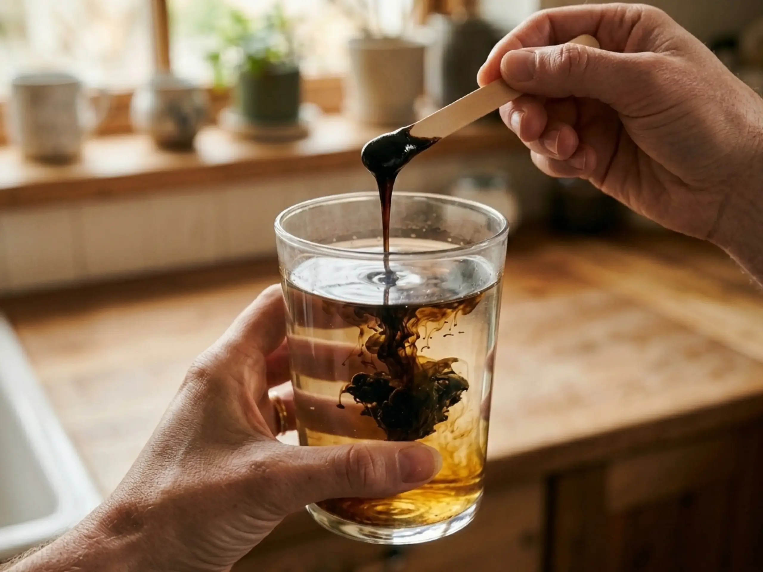 Raw Shilajit resin dissolving in warm water